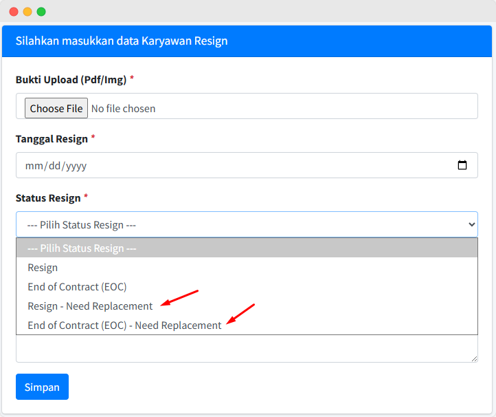 Penambahan Status Karyawan & Status Resign Baru pada HRIS